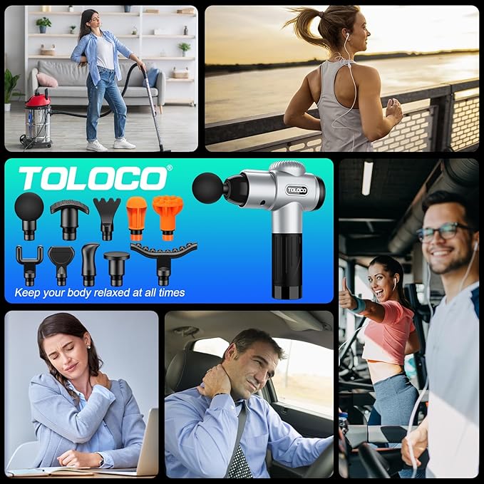 TOLOCO Massage Gun, Muscle Massage Gun Deep Tissue for Athletes with 10 Massage Heads, Electric Percussion Massager for Any Pain Relief, Gifts for Fathers Day, Silver