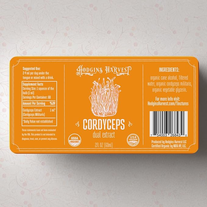 Hodgins Harvest Organic Cordyceps Mushroom Fruiting Body Extract Tincture - Extra Concentrated Dual Extract Supplement - Mushrooms for Energy Support - USDA Certified Organic - 2 fl oz