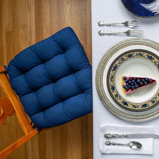 Barnett Home Decor Cotton Duck Navy Blue Dining Chair Pad with Ties - 15 x 17 Size Small Chair Cushion - Latex Foam Fill - Machine Washable, Reversible, Solid Color, 100% Cotton, Made in USA