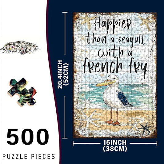 500 Piece Wooden Jigsaw Puzzle Seagull with French Fry Adults Kids Family Quiet Play Therapy Challenging Anxiety Relief Home Art Decor & Time Killing Focus Tool Gifts 20.4x15 Inch