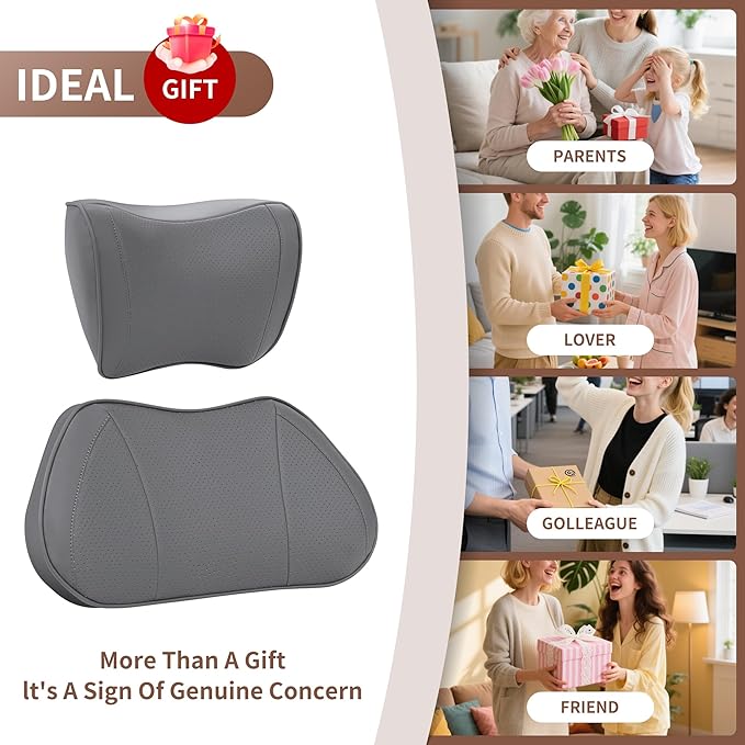 Lumbar Support Pillow for Car, Premium Leather Memory Foam Lumbar Cushion for Lower Back Pain Relief, Universal Back Support for Driving, Home & Office Chairs, Gray, 1 Pack