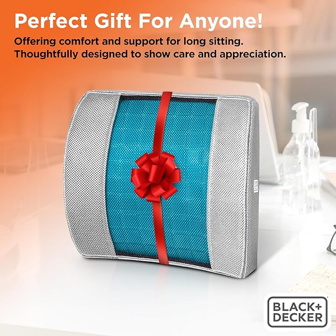 BLACK+DECKER Cooling Gel Lumbar Memory Foam Cushion – Ergonomic Back Support Travel Pillow with Ventilated Mesh, Adjustable Strap, Slow Rebound Memory Foam, Washable Cover