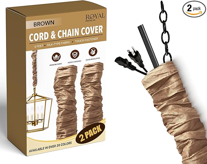 Royal Designs, Inc. Cord & Chain Cover 4 ft Silk Type Fabric, Chandelier Pendant Lighting Chain & Cable Management, Touch Fastener, Brown - 2 Pack
