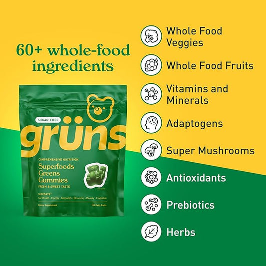 Gruns Sugar-Free Super Greens Gummies, Multivitamin Superfood Gummy Bears, Spirulina, Chlorella, Prebiotics & Fiber gummies for Digestive Health, Adaptogens Supplement, 20 Vitamins & Minerals, 10 pack