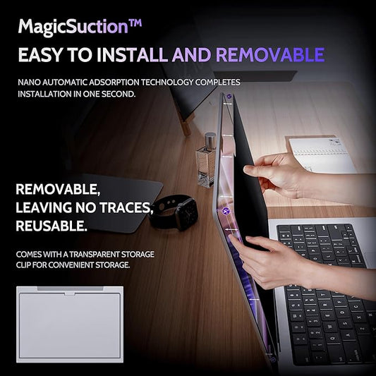 Privacy Screen for MacBook Pro 14 Inch (2021-2024, M1, M2, M3, M4), MagicSuction™ Removable Anti Spy Black Protector, Glare Blue Light Filter for Mac Laptop Computer