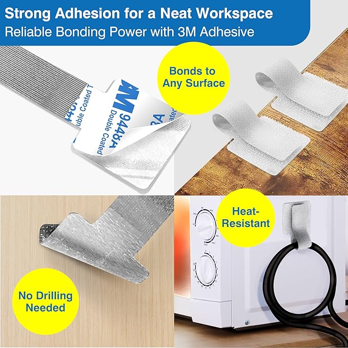 Cable Management Kit – 40 Self-Adhesive Hook and Loop Ties with 2 Extension Straps – Made with 3M Tape, Back-Sticky Cord Organizer for Under Desk, Wall, Home, Office – Adjustable Wire Holders