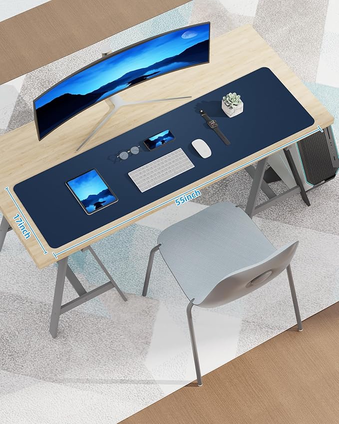 Large Desk Mat,55" x 17"Leather Desk Pad Protector,Large Mouse Pad,Office Desk Mat, Non-Slip PU Leather Desk Blotter,Desk Pad,Waterproof Desk Writing Pad for Office/Home/Decor (Midnight Blue)