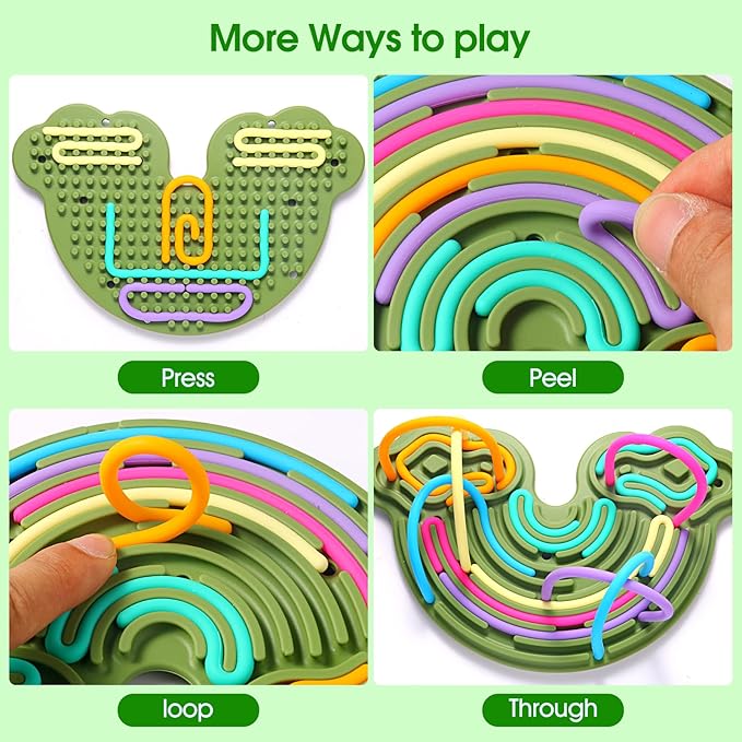 Sensory Activity Board Silicone Fidget Toy, Double-Sided Rainbow Sensory Toys for Autism, Stress, Anxiety, ADHD, Kids 3+& Adults, Includes Travel Bag & 12 Strings, Green