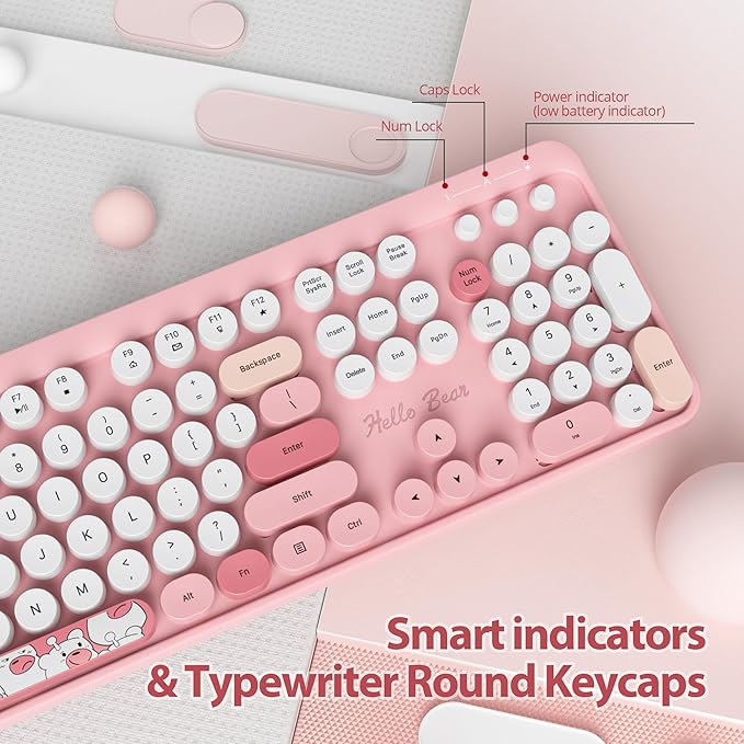 Fogruaden Wireless Keyboard and Mouse Combo, Pink Retro Typewriter Keyboard, 2.4GHz Full Size Round Keycap Cute Computer Keyboard with Number Pad, Pink Colorful Keyboard for Windows PC Laptop(Pink)
