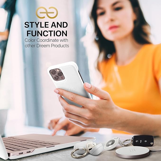 Dreem Om Case Cover with Keychain Clip Compatible with AirPods 4 for Apple AirPods 4th Generation, Vegan Leather AirPod Case for Men & Women, Luxury Earbuds Accessory for iPhone - White