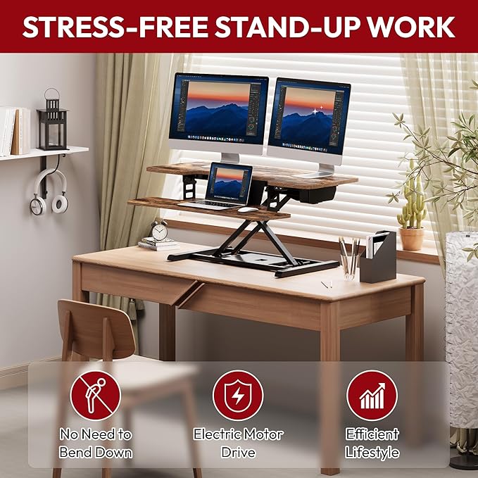 SANODESK Standing Desk Converter with Electric Motor 35" Height Adjustable Desk Riser for Office Home,Monitor and Laptop Workstation with Large Keyboard Tray,Rustic Color