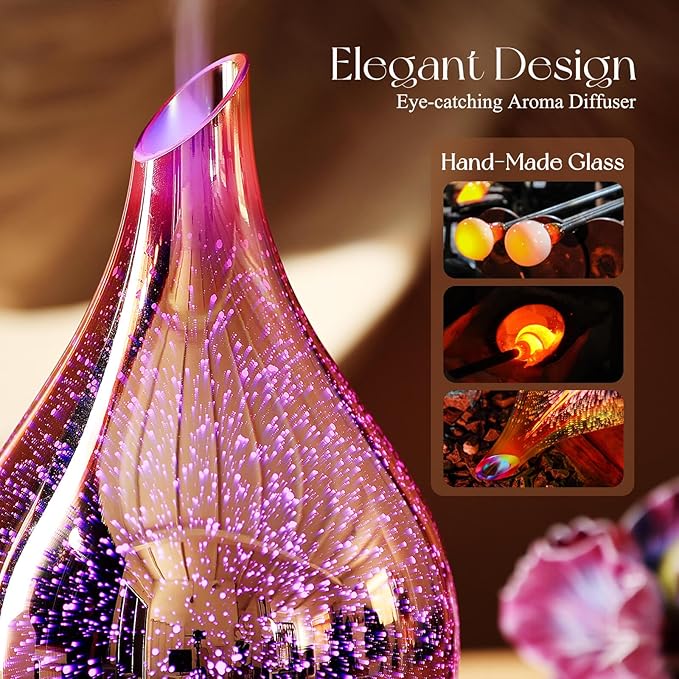 Porseme 280ml Essential Oil Diffuser, 3D Glass Aromatherapy Diffusor, Ultrasonic Cool Mist BPA Free Aroma Humidifier with Timer and Color Changing Function, Waterless Shut-Off for Home Office Room
