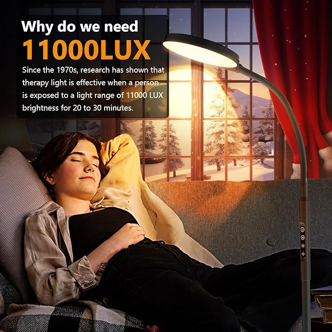 Light Therapy Lamp, 3 in 1 Therapy Floor Lighting, 11000 Lux Full Spectrum Therapy Lamps, UV-Free LED Sunlight, 10 Brightness/5Color/Gooseneck/Height Adjustable with Timer Control, Black