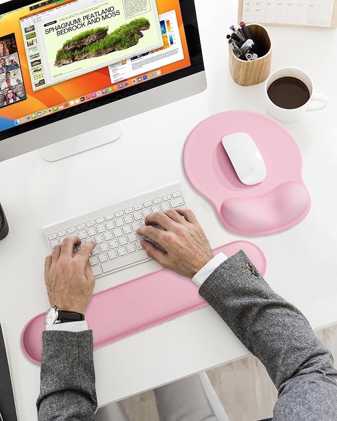 Ergonomic Mouse Pad Wrist Support Set, Memory Foam Keyboard Wrist Rest Set, Relieve Wrist Pain Keyboard Pad, Non-Slip Base Mousepad(Pink Set)