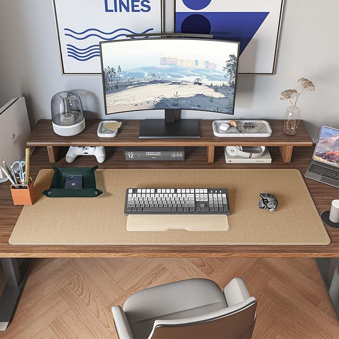 DAWNTREES Dark Green Desk Mat,Leather Desk Pad,40"x16",Cork Desk Mat Protector,with PU Leather Valet Tray Organizer,Large Mouse Pad,Desk Writing Pad for Office and Home