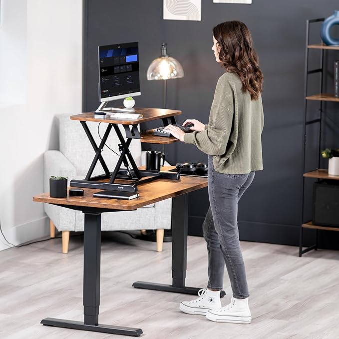 VIVO 28 inch Desk Converter, K Series, Height Adjustable Sit to Stand Riser, Dual Monitor and Laptop Workstation with Keyboard Tray, Rustic Vintage Brown Top, Black Frame, DESK-V028KN