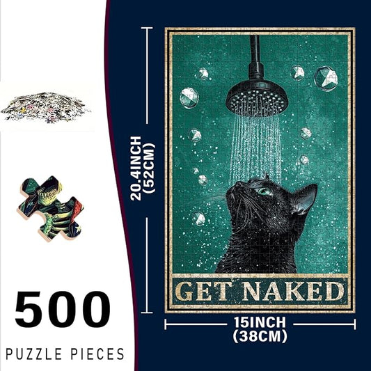 500 Piece Jigsaw Puzzle Wooden Puzzle Black Cat Bathroom for Adults 20.4x15 Inch