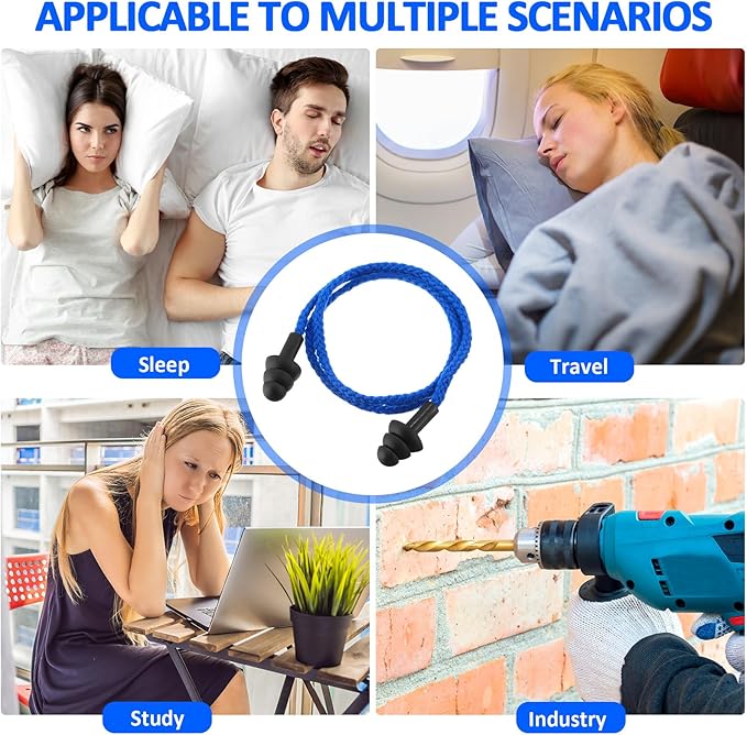 Xuhal 200 Pair Corded Ear Plugs Reusable Silicone Earplugs Individually Wrapped Hearing Protection Sleep Noise Cancelling for Work Construction Shooting Sports Noise Reduction(Blue, Black)