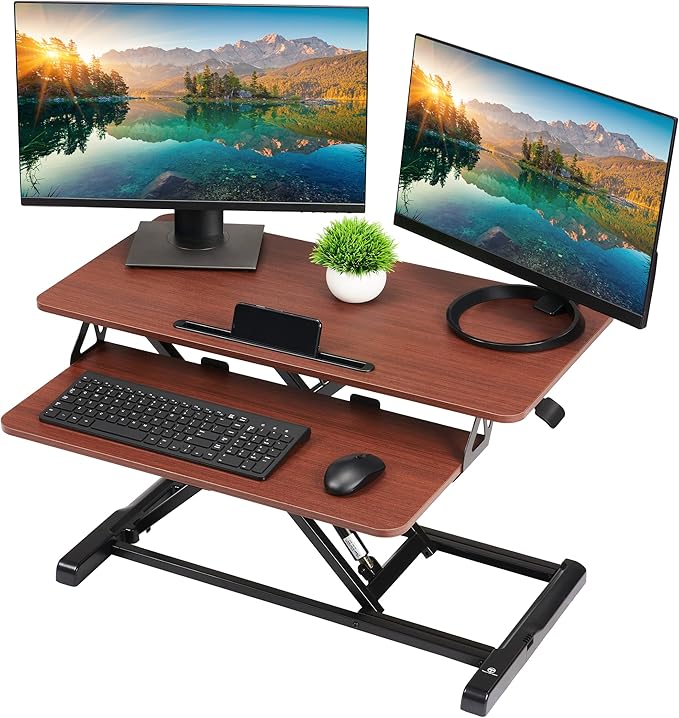 TechOrbits Standing Desk Converter - 32 Inch Adjustable Sit to Stand Up Desk Workstation, Ergonomic Desktop Riser with Keyboard Tray for Home Office Laptop, Wood Brown