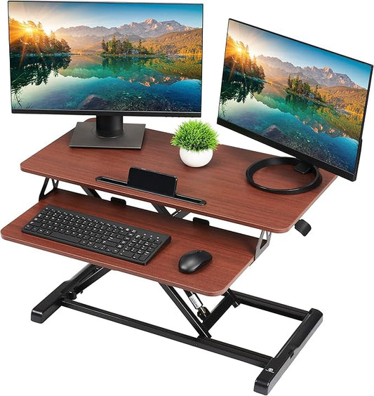 TechOrbits Standing Desk Converter - 32 Inch Adjustable Sit to Stand Up Desk Workstation, Ergonomic Desktop Riser with Keyboard Tray for Home Office Laptop, Wood Brown