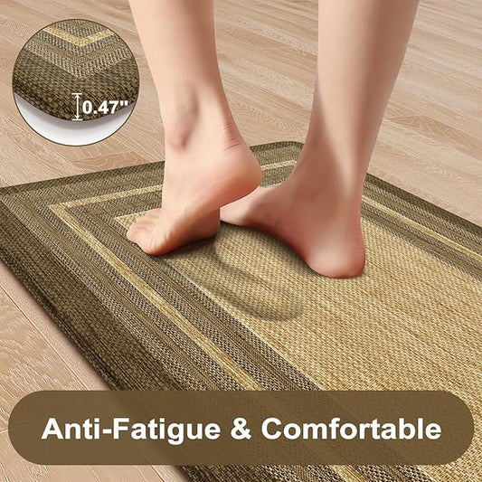 KIMODE Anti Fatigue Cushioned Kitchen Mats for Floor 2 Piece, Boho Vintage Kitchen Rugs Non Skid, Comfort Memory Foam Standing Desk Mats for Laundry Office Sink 17.3"x29"+17.3"x59" Brown/Khaki