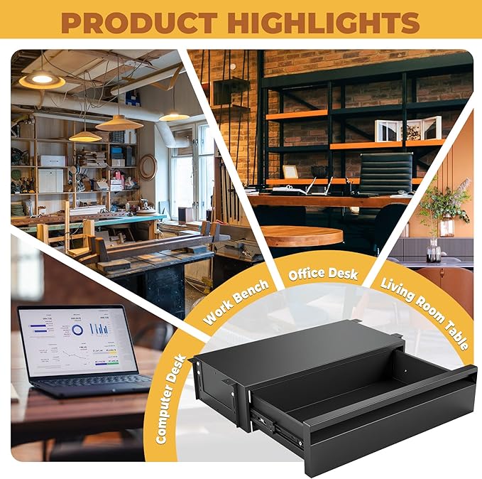 POPMOON 16 Inch Under Desk Drawer,Adjustable Height,Under Desk Drawer Slide Out, Metal Storage Drawer with Cable Management for Office & Home,Matte Black