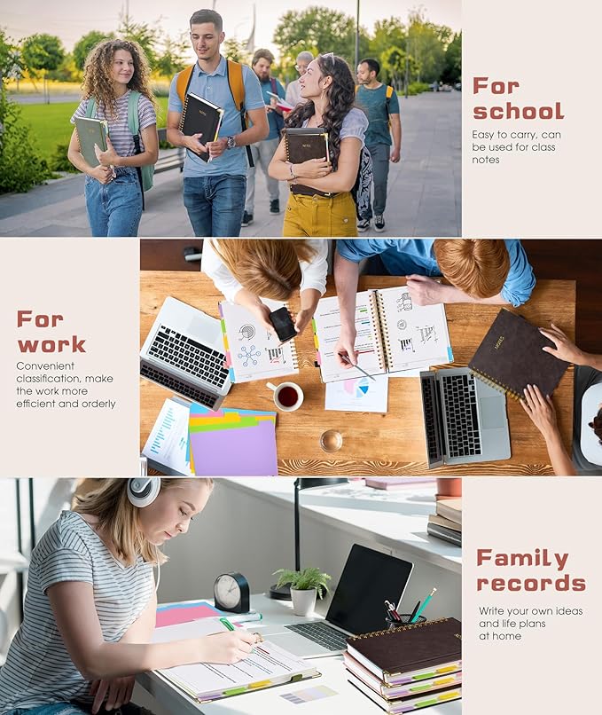 Hardcover Spiral Notebook journal with Removable Dividers Tabs, 300 Pages Leather 5 Subject Notebook College Ruled, 100GMS A5 Notebooks for Work School Note taking,Lined Journal for Women,A5 Brown