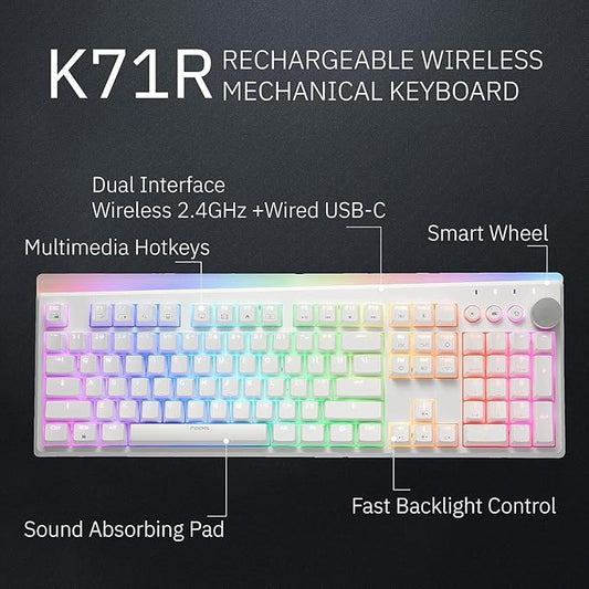 iRocks K71R Wireless RGB Mechanical Gaming Keyboard, Switches Brown,PBT 107 Keys NKRO,RGB Backlit, Pro Gaming Keyboard, Dual Wireless/Wired, Windows, Laptop PC Mac,White (Blue Switch)