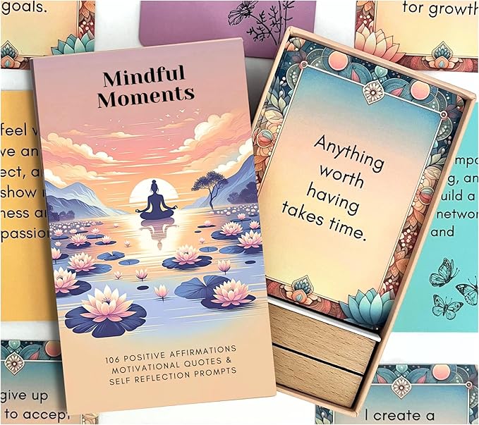 Mindful Moments Daily Affirmation Cards for Women, 106 Positive Inspirational Messages & Self Reflection Journal Prompts, Meditation Cards with Display Stand, Gifts for Her
