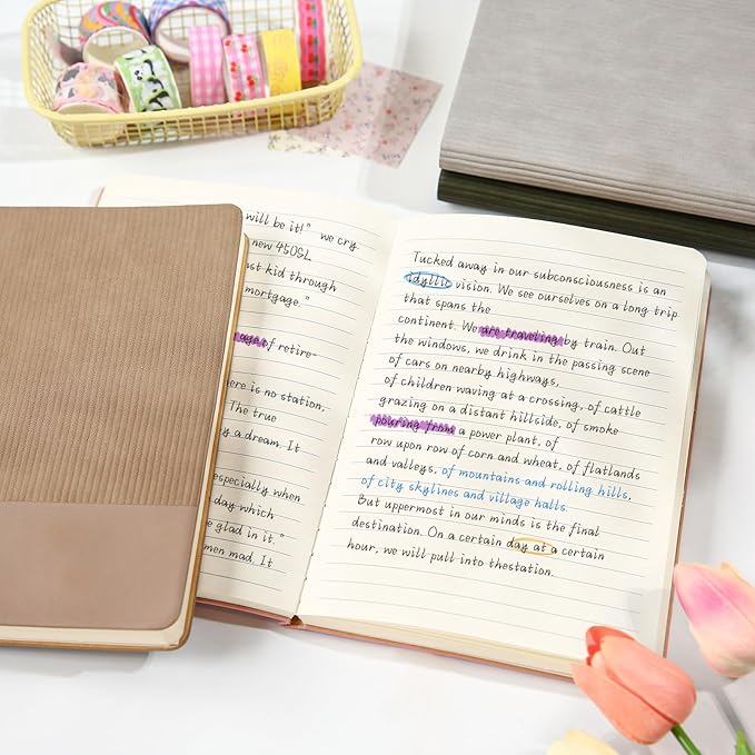 Lined Journal Notebook for Work College Ruled Note Book 5.79"x8.27" A5 PU Leather Daily Journaling 216 Pages for Women Men Writing Home School Supplies Business (A5 Lined 216pages, 2 Pack-Darkgreen/Darkpink)