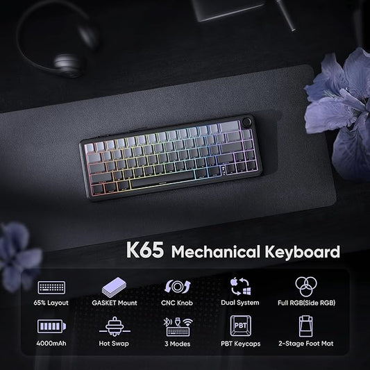 RedThunder K65 Wireless Mechanical Gaming Keyboard, Trip-Modes Connection, Gasket Custom Hot-Swap Keyboard, RGB Backlit, Pre-lubed Linear Switches, Side Printed PBT Keycaps, Gradient Gray