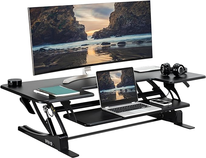 VIVO 48 inch Height Adjustable Large Stand Up Desk Converter, V Series, Quick Sit to Stand Tabletop Dual Monitor Riser Workstation, Black, DESK-V048V