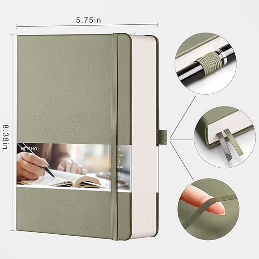 EMSHO A5 Hardcover Leather Dotted Journal - 320 Page Dot Grid Notebook for Women & Men, 100GSM Thick Paper, Ideal for Bullet Journaling, Work Notes, Sketching, Diary, School & Travel-Light green