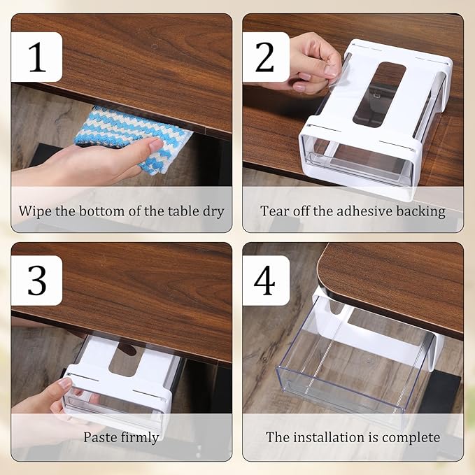 3 Pcs Under Desk Drawer Organizer, Table Hidden Slide Out Desk Drawers Clear Mounted Desktop Pencil Holder 2 Sizes Drawer Divider for Home Office Kitchen Bedroom