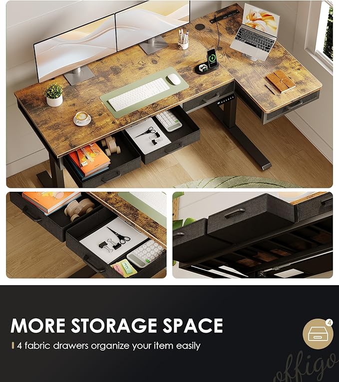 OffiGo 63 Inch L Shaped Electric Standing Desk with Drawers, Height Adjustable Large Desk with Power Outlets, Sit Stand Table, Writing Computer Desk for Home, Office, Workstation, Rustic Brown