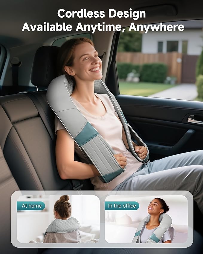 Cordless Neck Massager with Heat, Rechargeable Shiatsu Neck Back Massager for Pain Relief Deep Tissue, 4D Knead Shoulder Massager Pillow, with Portable Carry Bag, Gifts/Presents for Mom, Dad