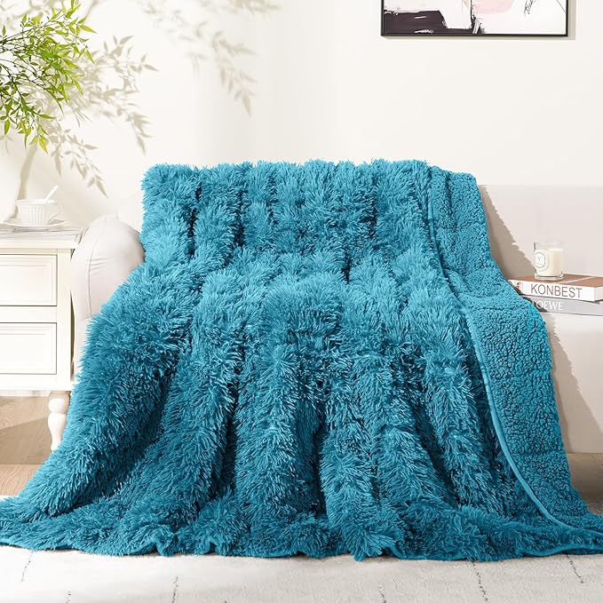 Cottonblue Adults Weighted Blanket 17lbs 60x80 Inches for Queen Bed, Faux Fur Sherpa for Sofa Couch, Plush Cozy Blanket With Ceramic Beads for Calm and Relax, Teal Green