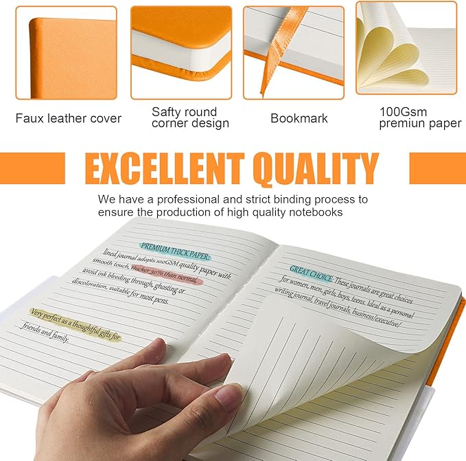 Lined Journal Notebook, 6Pack(Orange), 160 Pages, Medium 5.7 inches x 8 inches - 100 gsm Thick Paper, Hardcover