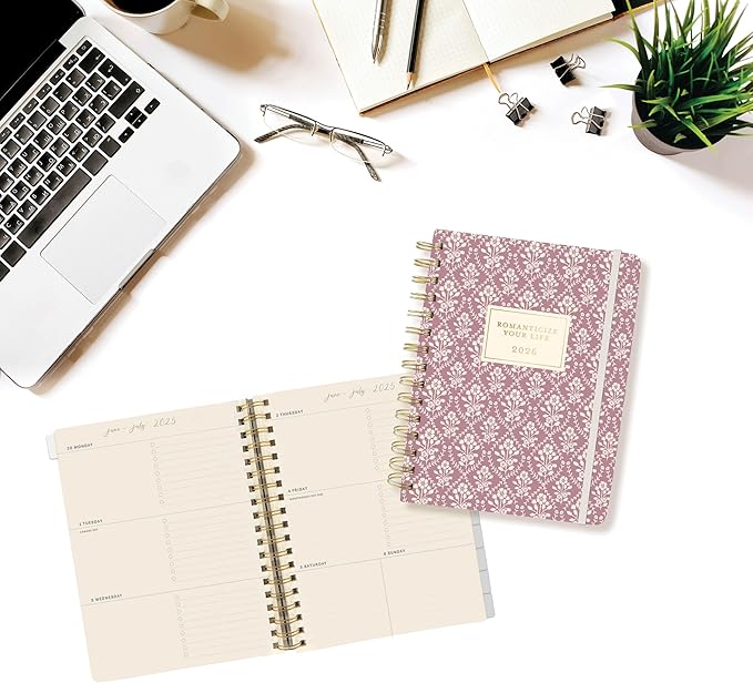 18 Month Planner/Calendar by Graphique, July 2025 – Dec. 2026 Romanticize Your Life Hardbound Spiral Planner, Monthly Tabs, Holidays, Reminder Stickers, 6” x 8”