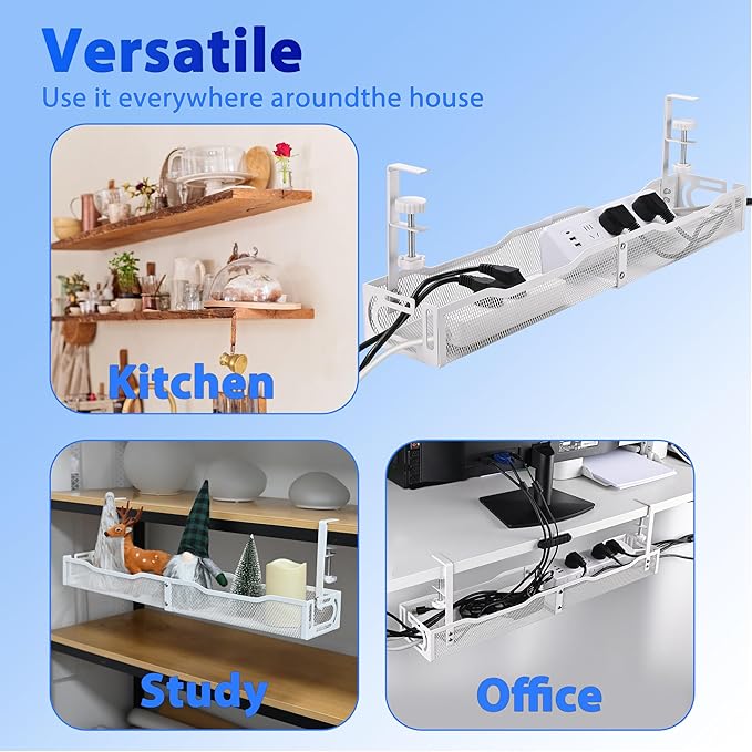 Under Desk Cable Management Tray 25.3 Inch – No Damage Install, Cord Organizer for Office & Home, Wire Organizer for Desk Storage, White