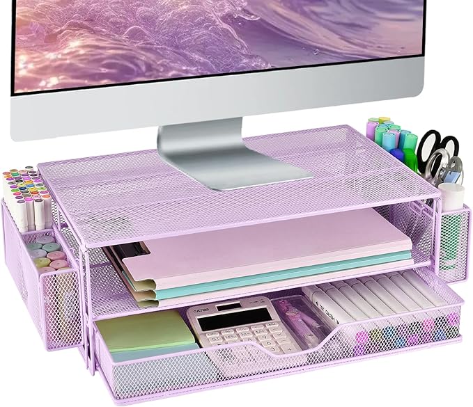 AUPSEN Computer Monitor Stands Riser,2-Tier Desk Organizers and Accessories, Office Desk Accessories Organizer with Drawers and 2 Pen Holder for Office Supplies (Purple)