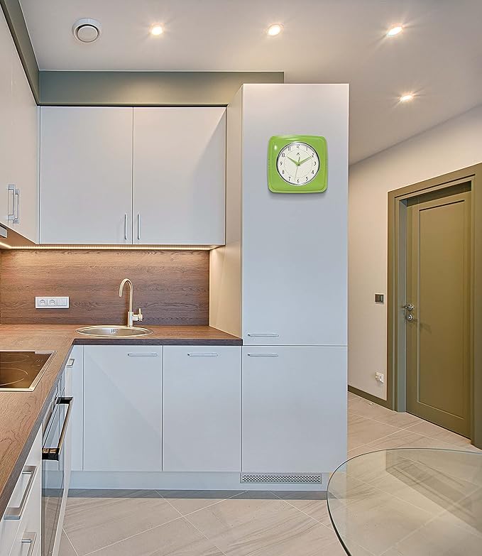 Infinity Instruments Retro Wall Clock – 9-Inch Square Silent Non-Ticking Mid-Century Modern Clock – Vintage Decorative Wall Clock for Kitchen, Office, or Diner – Apple Green