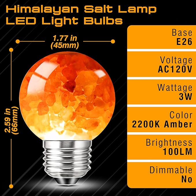 Himalayan Salt Lamp LED Light Bulbs, E26 2200K Warm Amber Pink, 3W Mood Lighting Night Light, E26 G45 Salt Rock Stress Relief Bulbs for Bedroom, Decor, Sleep Light, Non-Dimmable, 2pack