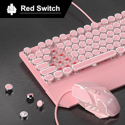 Retro Pink Typewriter-Style Keyboard and Mouse Combo, Cute Light Up Wired Mechanical Keyboard with Linear Red Switches, Full Size for Gaming, Work, Mac, PC, Windows