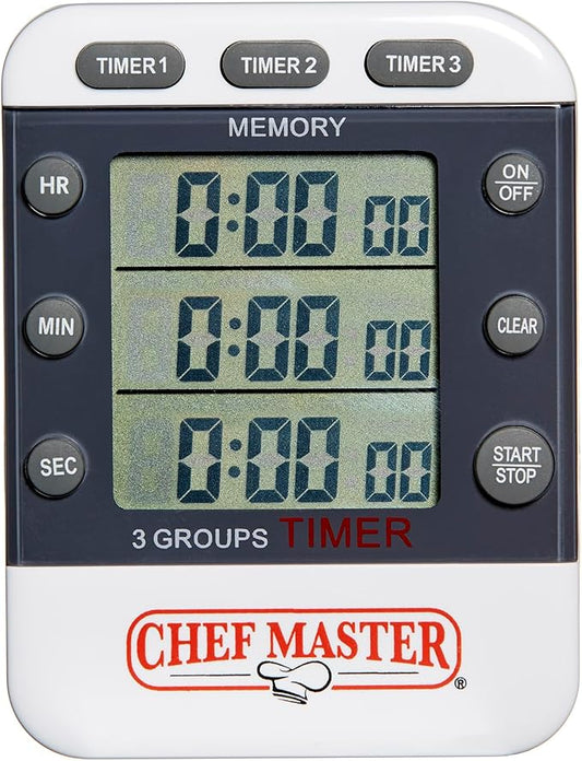 3-Channel Digital Timer by Chef Master, Triple Channel Count Up/Down Kitchen Digital Timer for Cooking, Roasting, Grilling, Marinade, Boiling, Baking, Pocket Clip, Stand & Magnet for Hands Free -90271