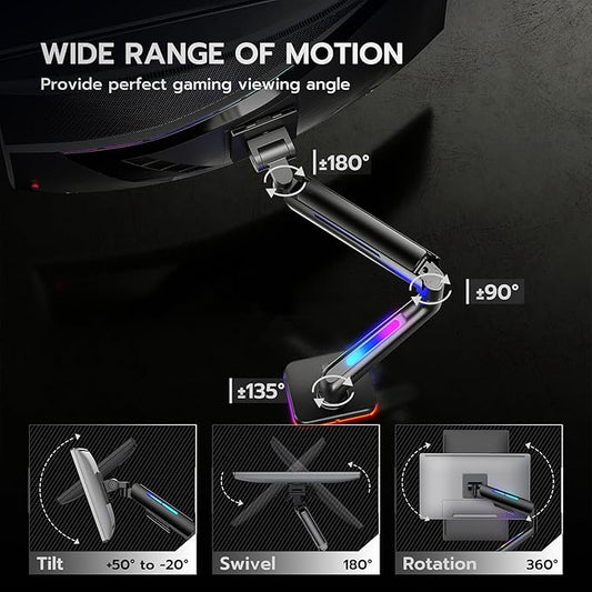 Ultrawide Monitor arm for 17-49'' Heavy Duty Screen up to 44lbs, Gas Spring Single Monitor Arm with RGB Light, Adjustable Gaming Computer Monitor Arm for Desk, Black