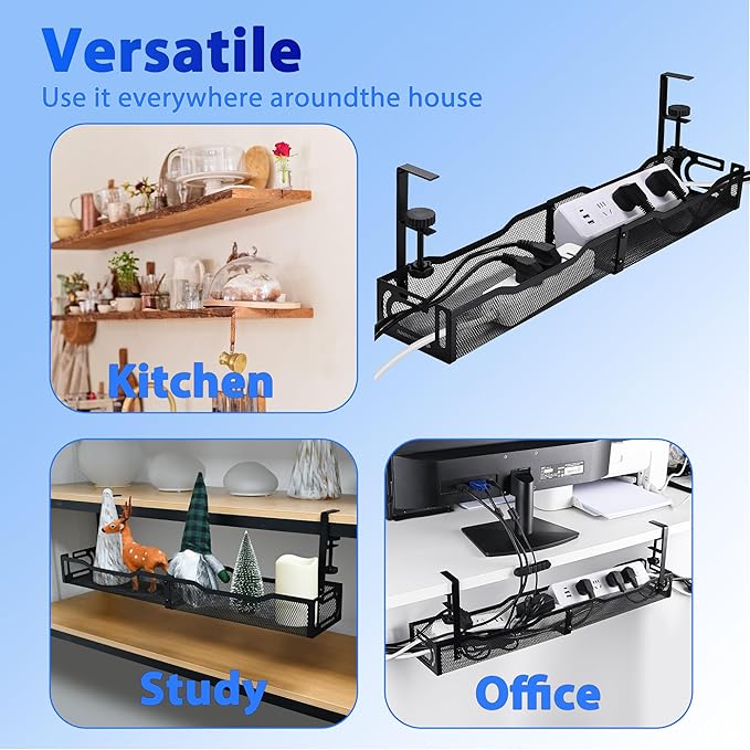 Clamp-On Under Desk Cable Management Tray – 25.3 Inch No Drill Metal Wire Organizer for Home Office & Standing Desk Setup (Black)
