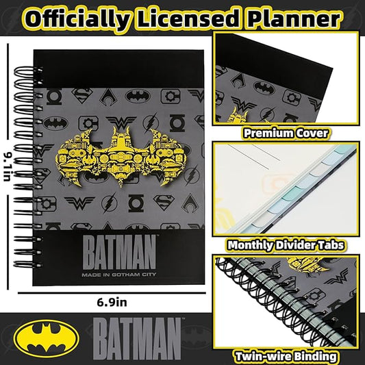 Hardcover Spiral Notebook Journal with 12 Dividers Tabs Weekly&Monthly Planner Productivity Journal Superhero Theme Leather Organizer for Work School Adults Teens and Professionals(BATM- Logo)