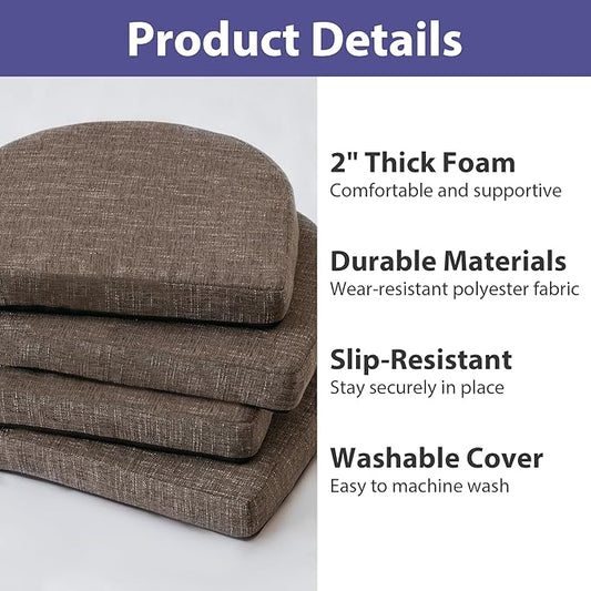 Chair Cushions for Dining Chairs with Ties and Removable Cover, Dining Kitchen Chair Pads with Non-Slip Bottom, High-Resilience Indoor Seat Cushions, 16'' x 16'' x 2'', Set of 4, Brown