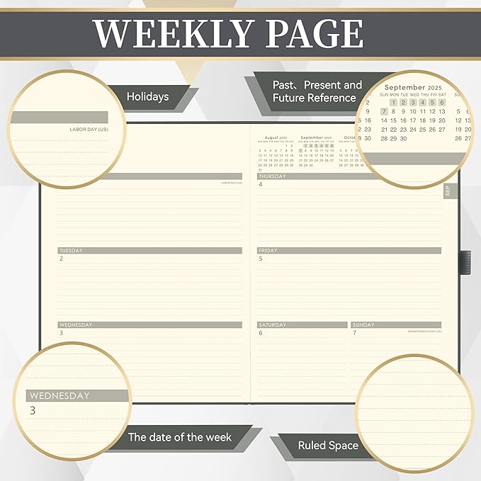 2025-2026 Planner - Weekly Monthly Planner 2025-2026, 8.5"x11", Jul.2025 - Jun.2026, Leather Hardcover, 12 Monthly Tabs, Pen Loop, Elastic Closure, Pocket, Grey